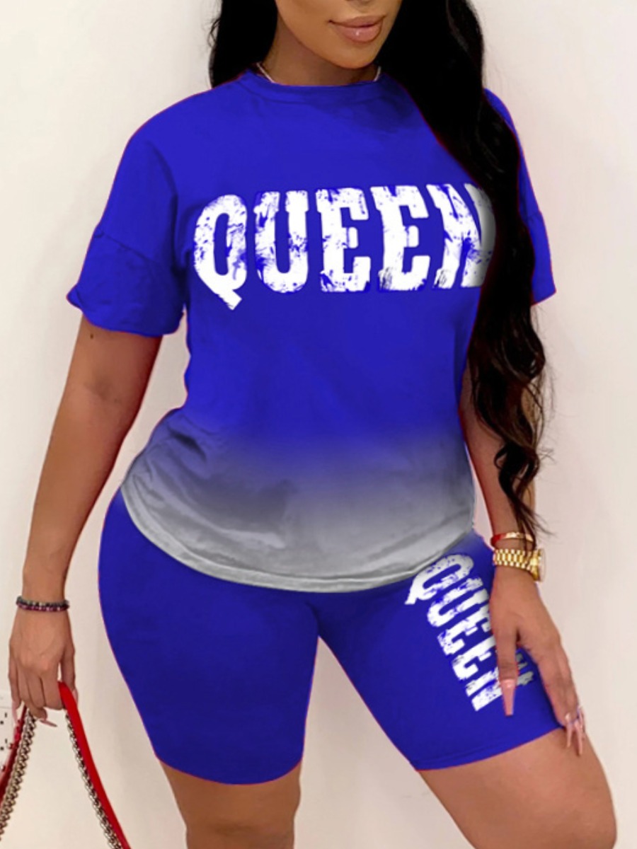 

LW Plus Size Street Gradient Letter Print Blue Two-piece Shorts Set