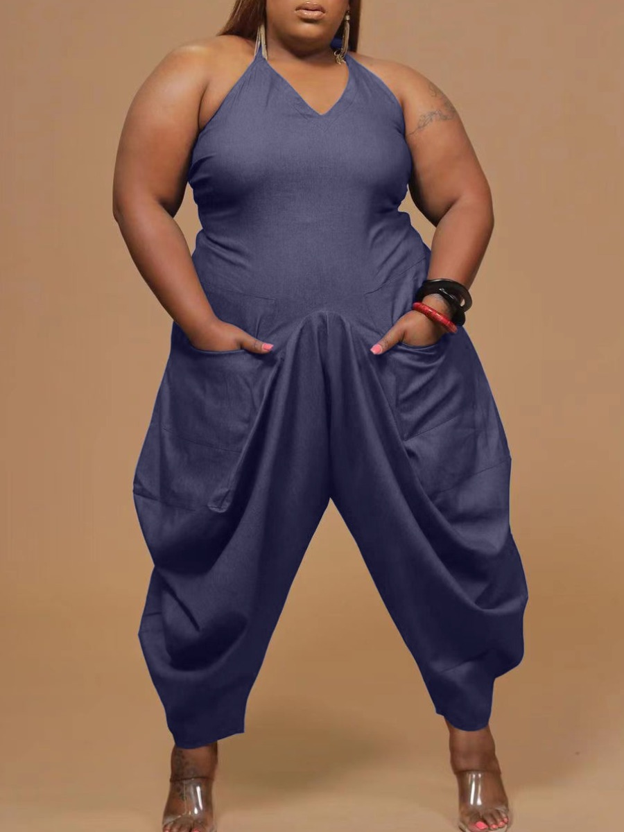 

Lovely Plus Size Casual V Neck Fold Design Grey One-piece Jumpsuit