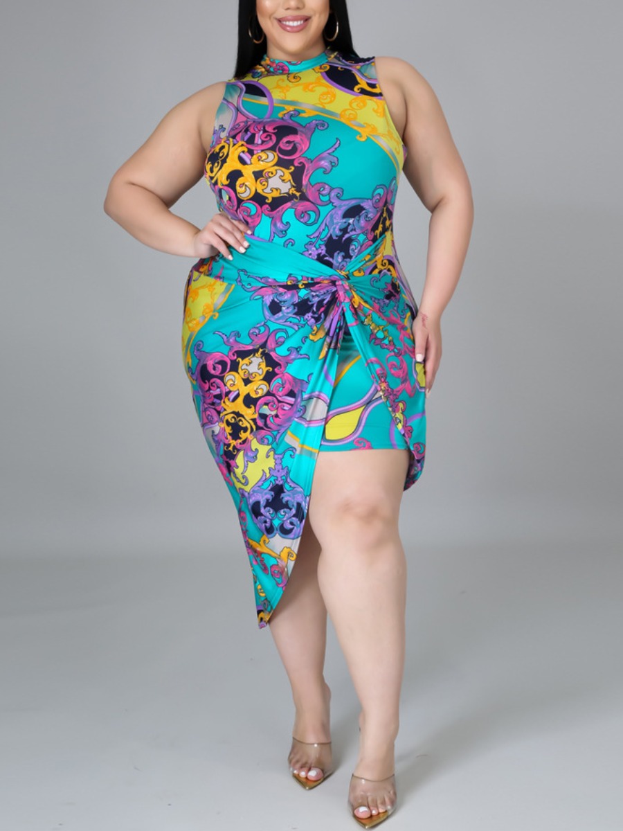

Lovely Plus Size Boho Print Patchwork Blue Mid Calf Asymmetrical Dress