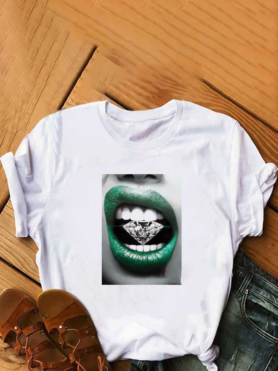 

Lovely Plus Size Street O Neck Lip Print Green T-shirt