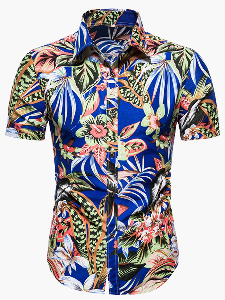 

Lovely Men Boho Turndown Collar Floral Print Blue Shirt