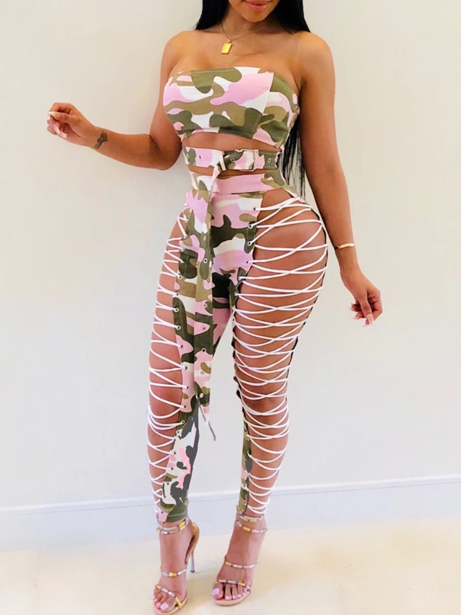 

Lovely Street Off The Shoulder Camo Print Bandage Design Two Piece Pants Set
