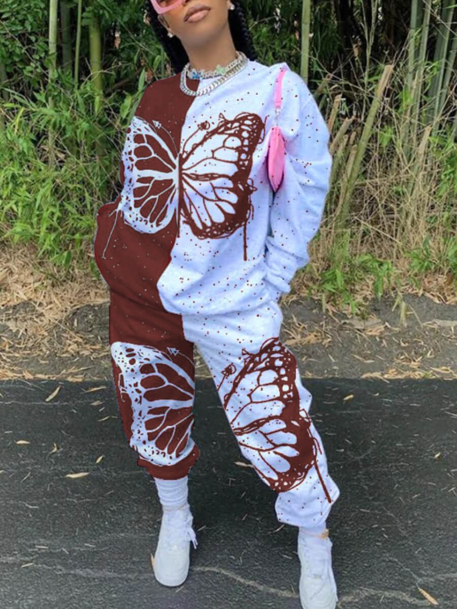

Lovely Street O Neck Butterfly Print Patchwork Red Two Piece Pants Set
