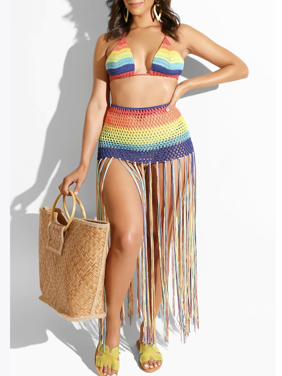 LW COTTON Tassel Design Multicolor Two-piece Swimsuit