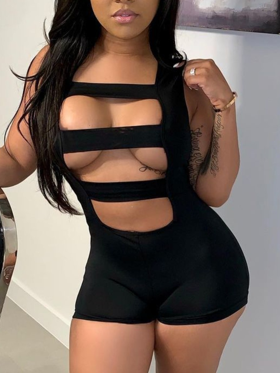 

LW SXY Bandage Hollow-out Design Black One-piece Romper