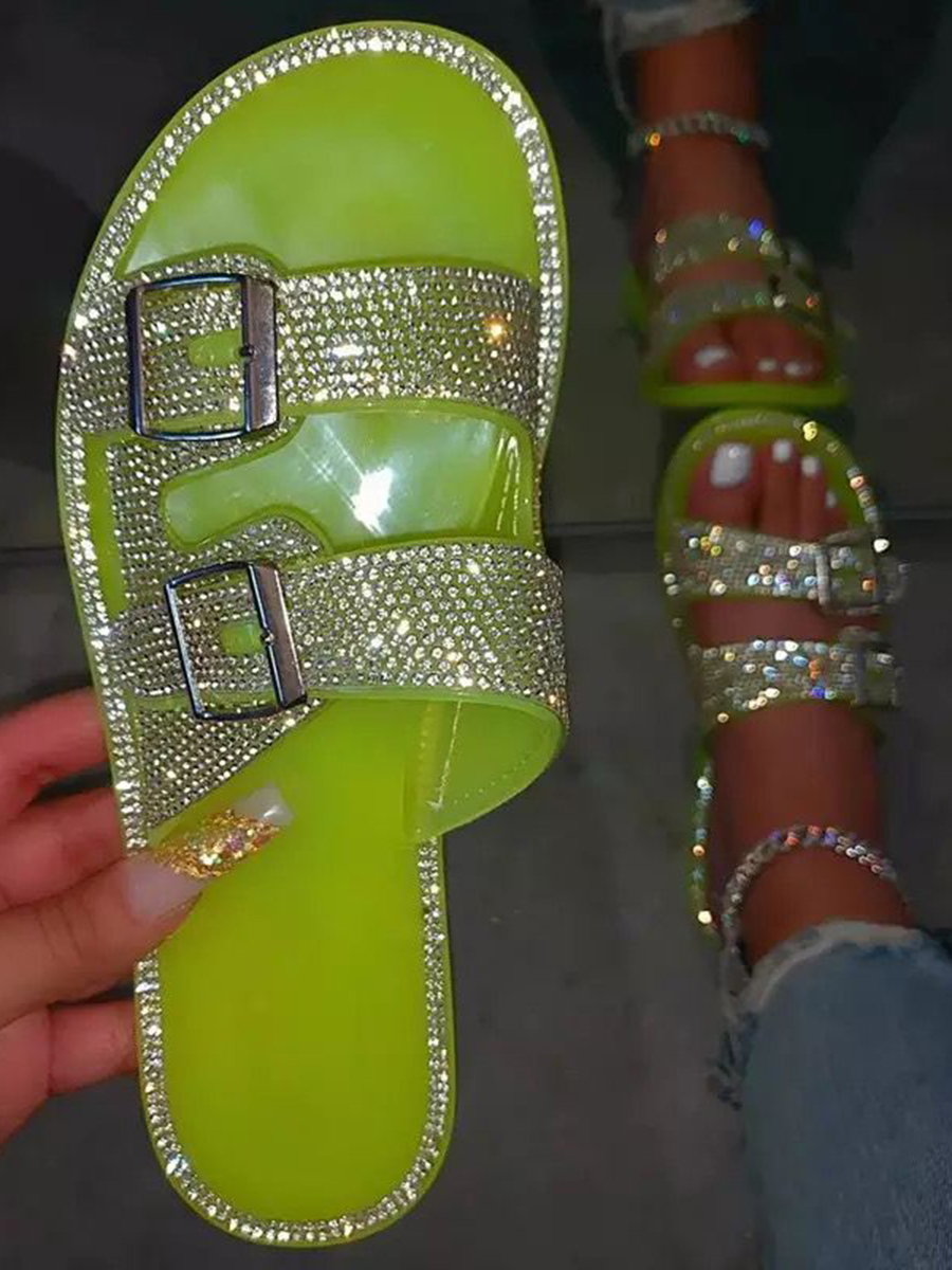 

LW Crystal Buckle Design Slides, Green