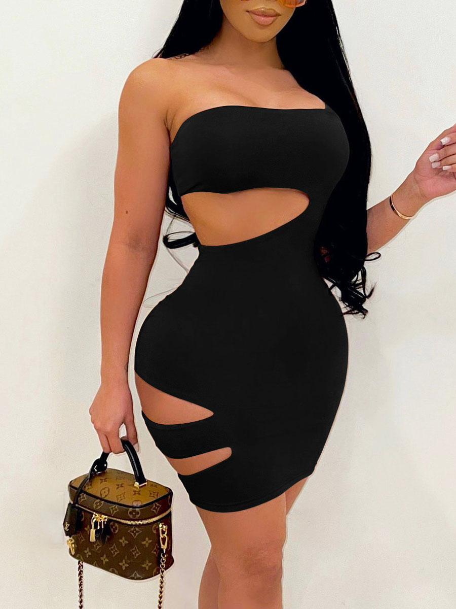 

Lovely Sexy One Shoulder Hollow-out Black Mini Dress