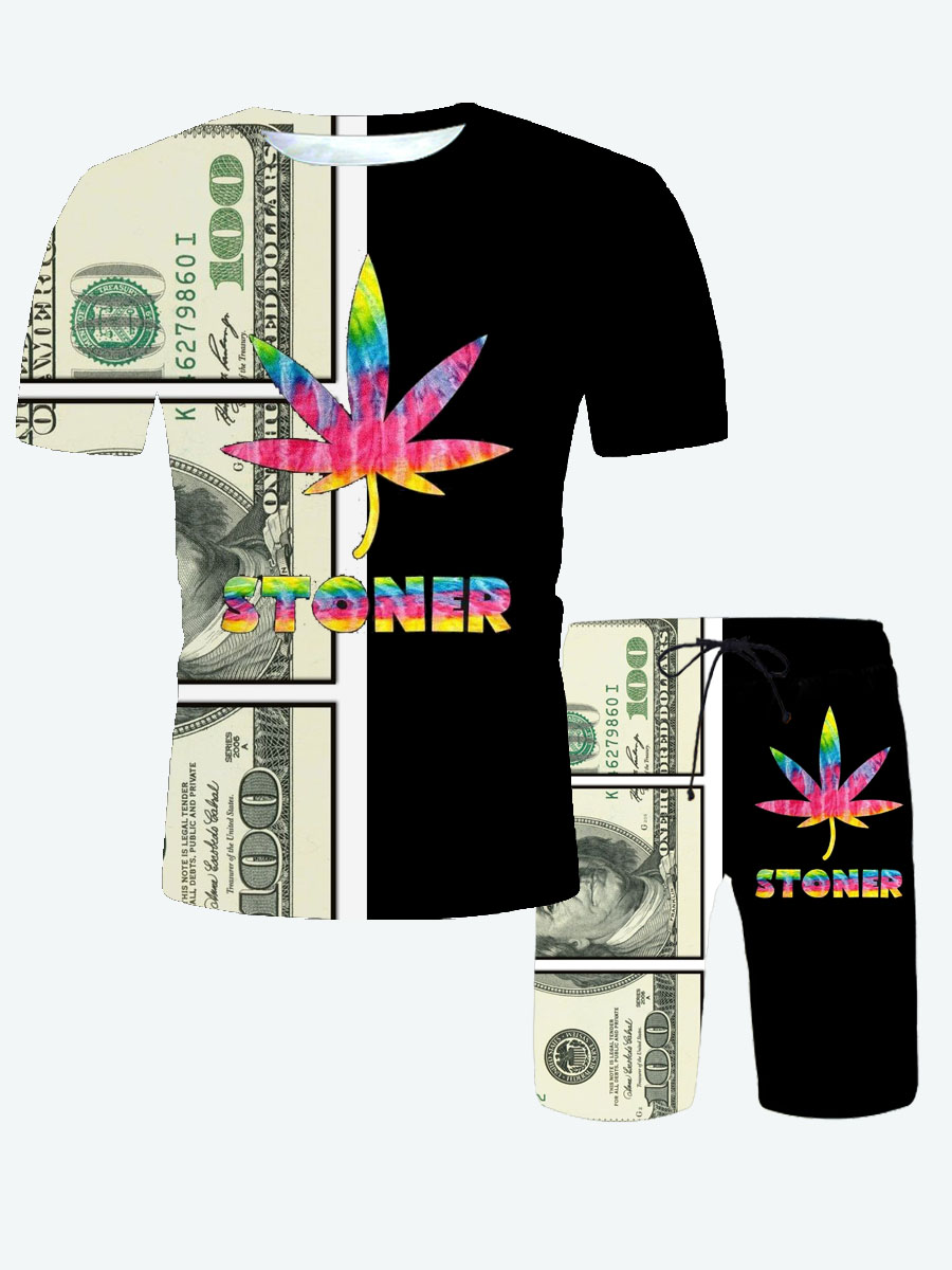 

Lovely Men Street Money Letter Print Black Two Piece Shorts Set