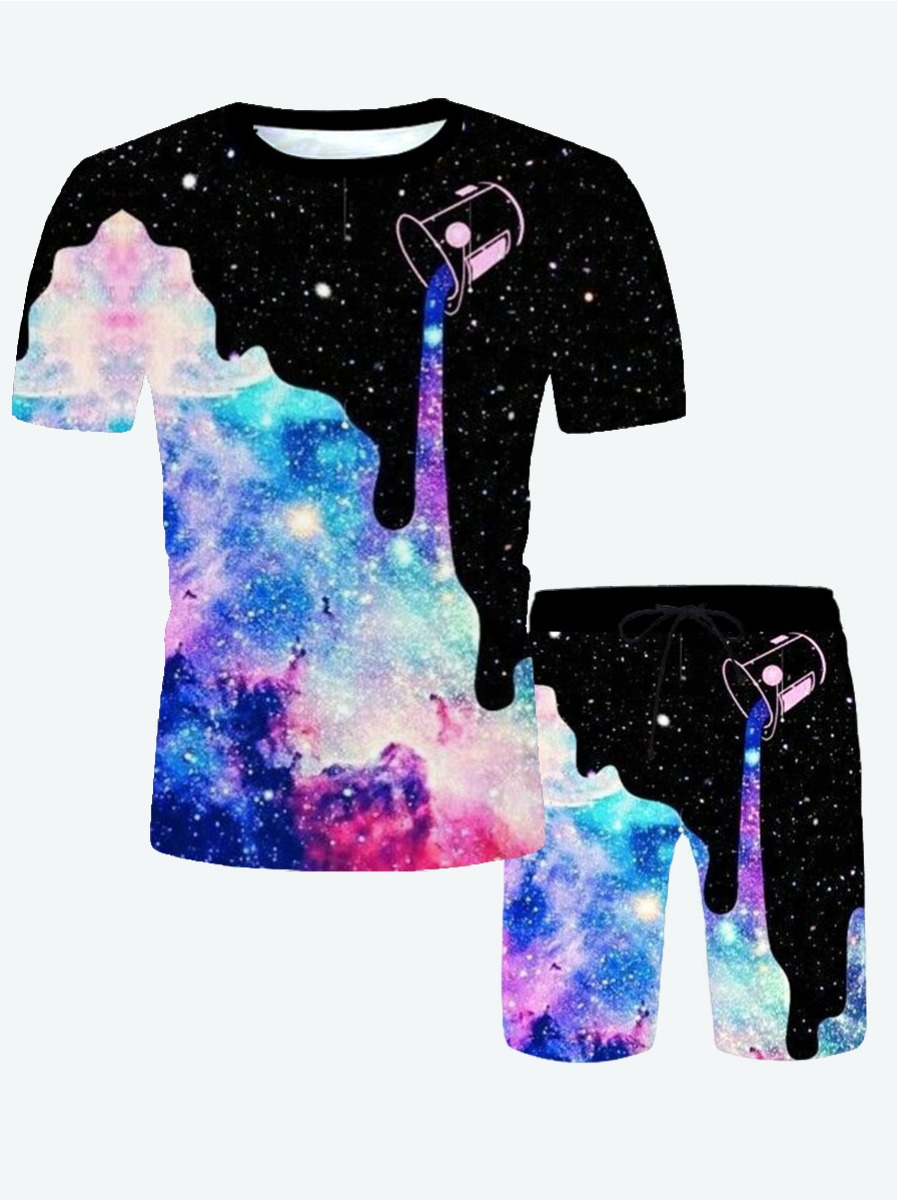 

LW Men Casual Milk Print Drawstring Multicolor Two Piece Shorts Set, Multi