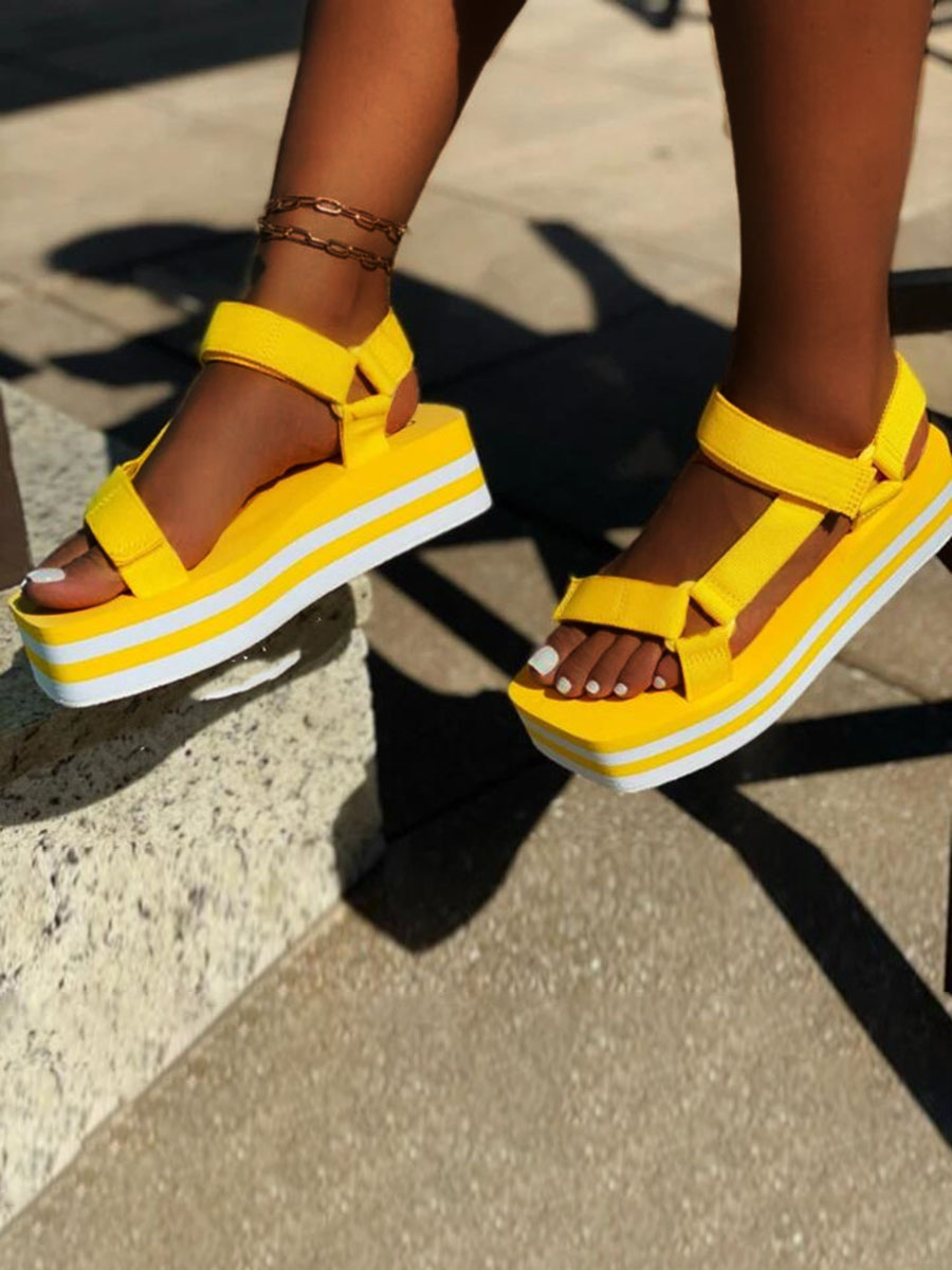 LW Casual Striped Bandage Design Yellow Platform Sandals