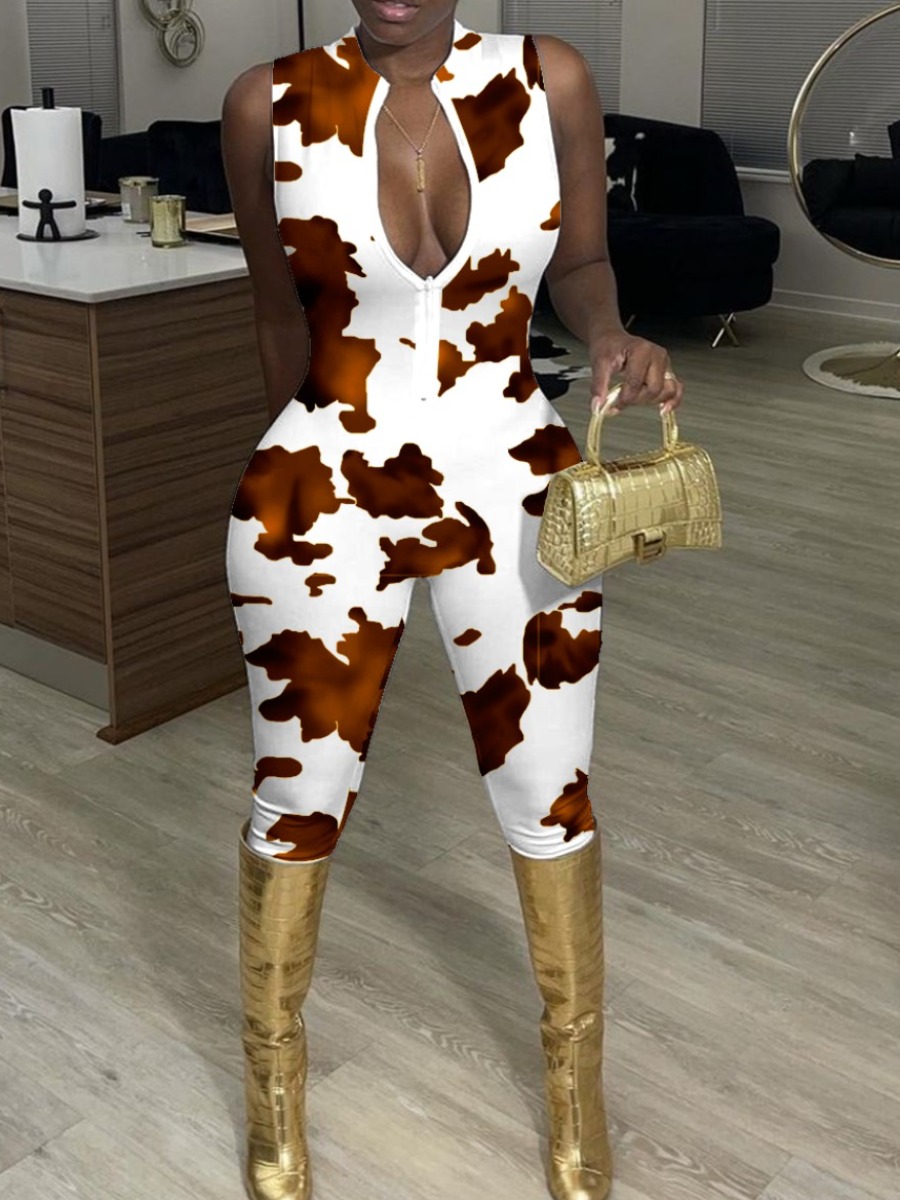 

Lovely Casual Cow Print Zipper Design White One-piece Jumpsuit