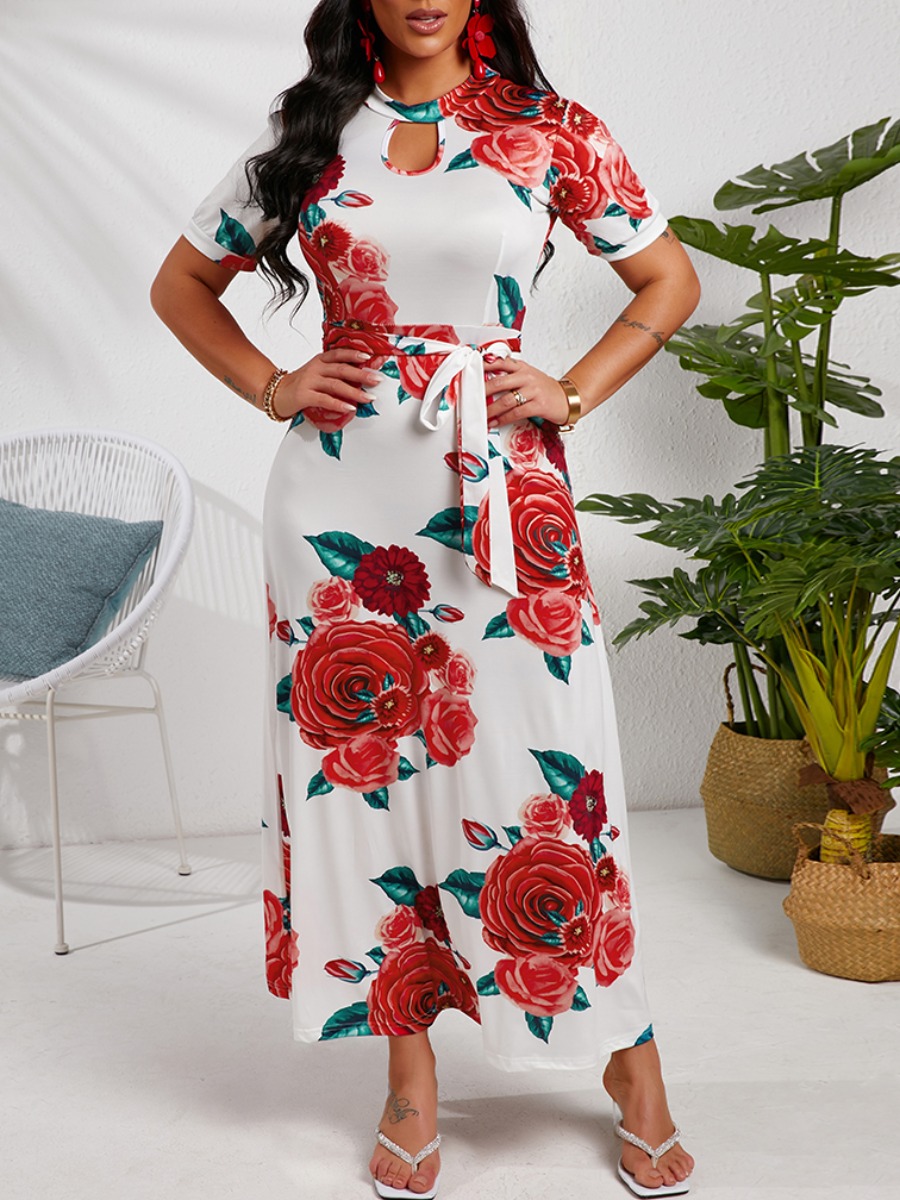 

LW BASICS Boho Floral Print Bandage Design White Ankle Length A Line Dress