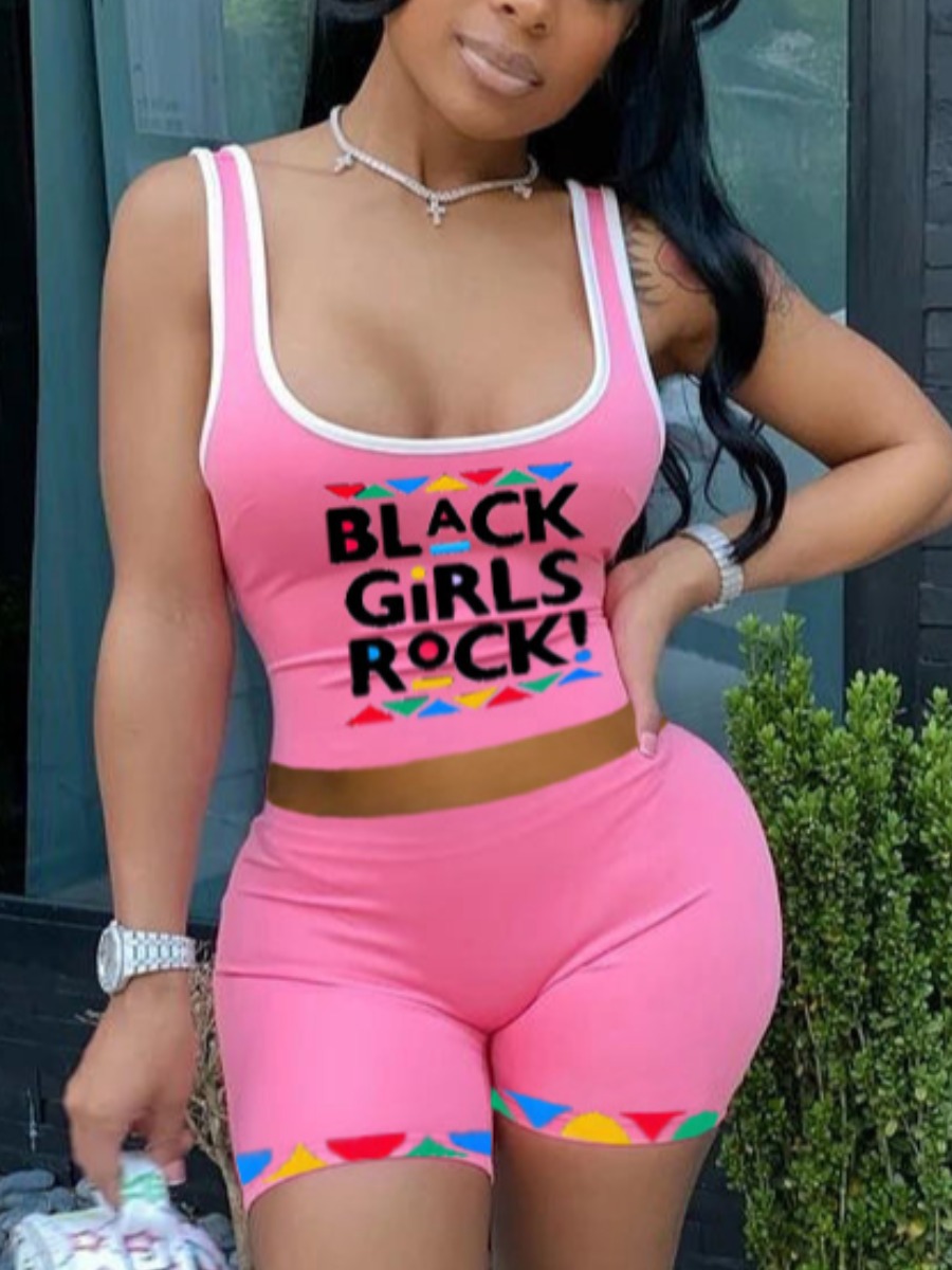

Lovely Sporty Geometric Letter Print Pink Two Piece Shorts Set