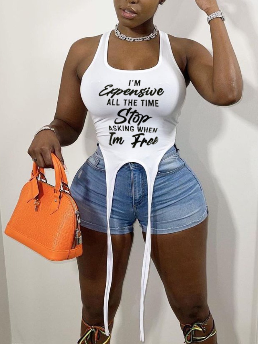 

LW Street Letter Print Tassel Design White Camisole