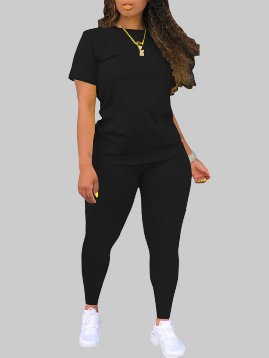 

LW Plus Size Casual O Neck Elastic Black Two-piece Pants Set
