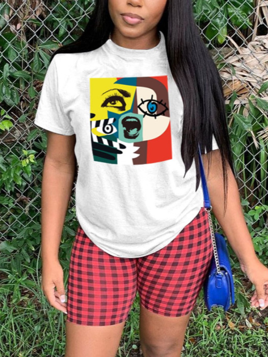 

Lovely Trendy O Neck Plaid Eye Print White Two Piece Shorts Set
