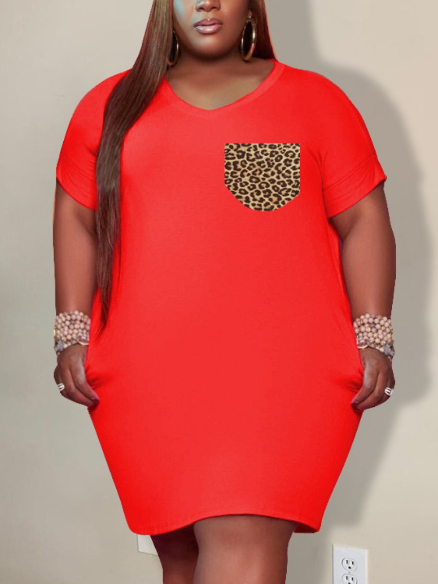 

Lovely Casual V Neck Leopard Print Jacinth Mini Plus Size Dress