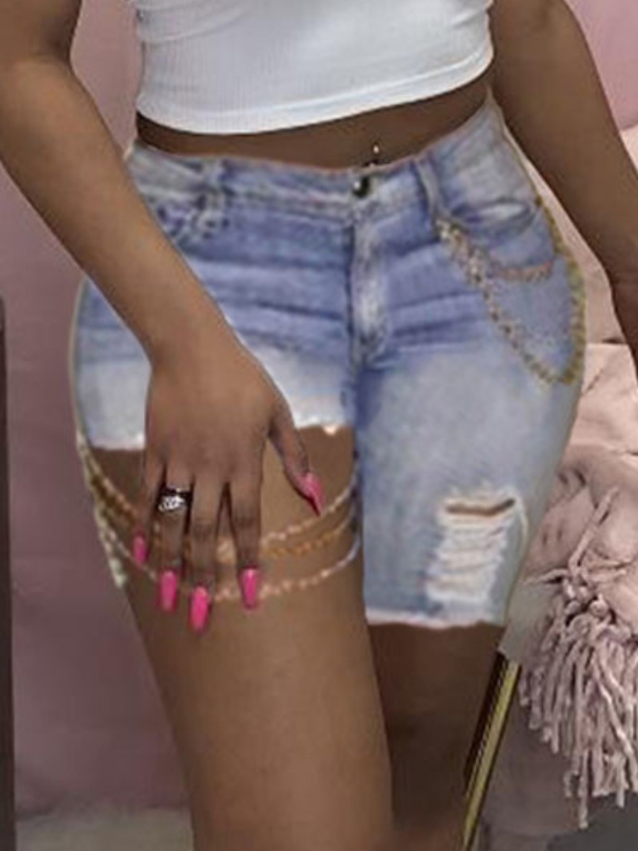 

LW Street Ripped Chain Decoration Baby Blue Denim Shorts