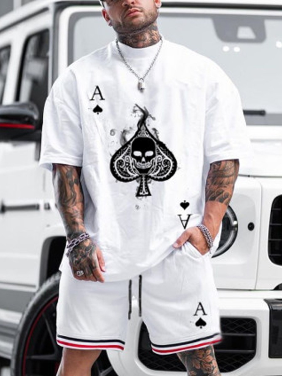 

LW Men Sporty Skull Poker Print Striped Shorts Set, White