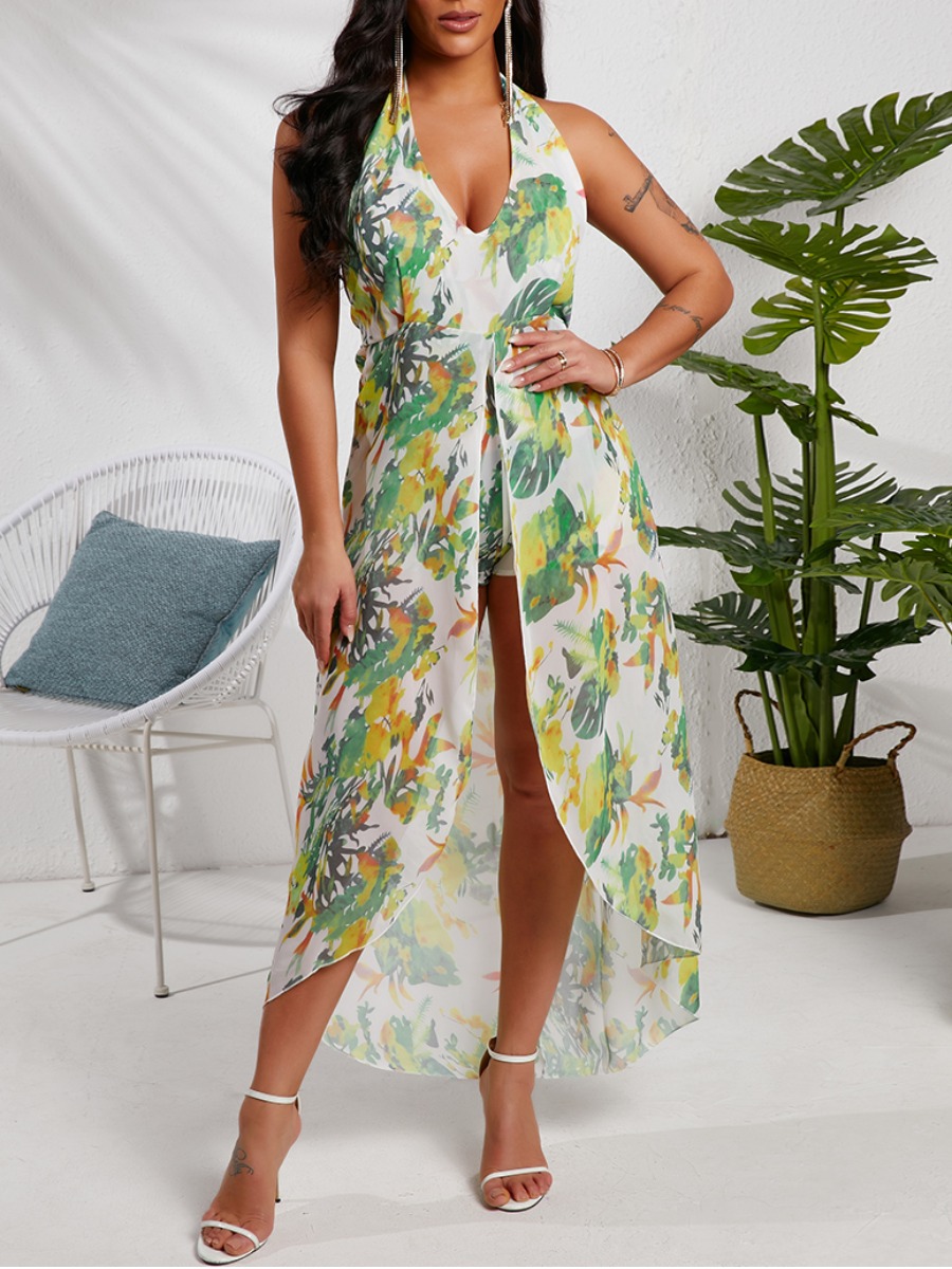 

Lovely Boho Backess Floral Print Split Green Ankle Length Dress