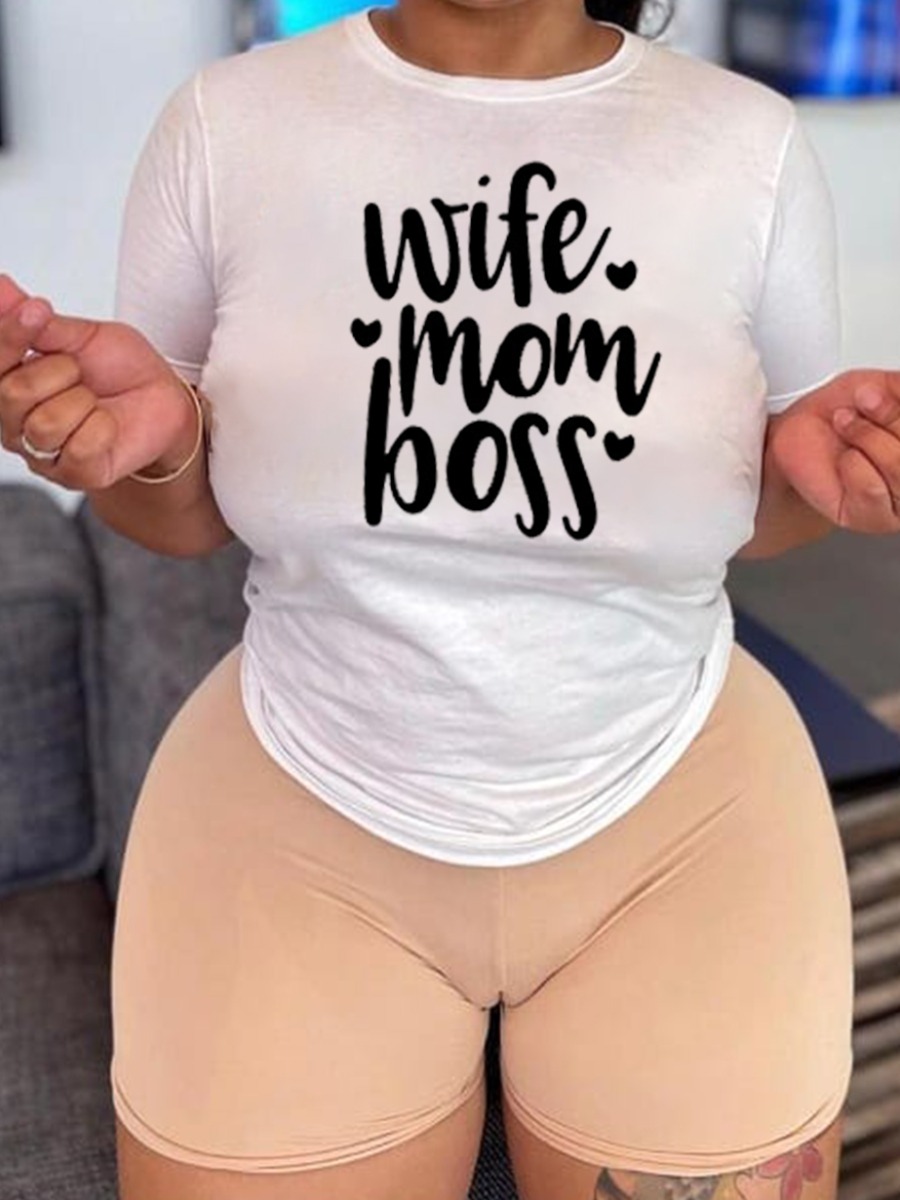 

Lovely Plus Size Casual O Neck Letter Print White T-shirt