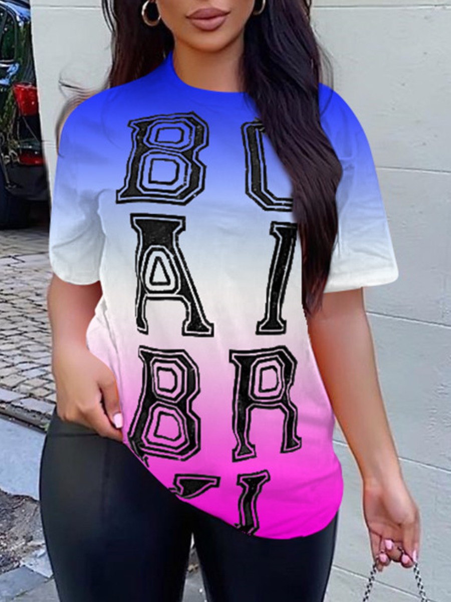 

Lovely Street Letter Print Gradient Blue T-shirt