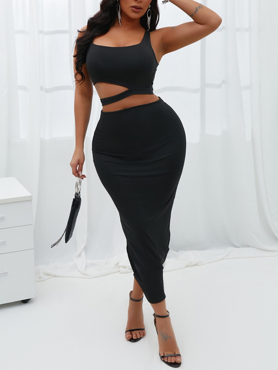 

Lovely Sweet U Neck Hollow-out Black Two Piece Skirt Set