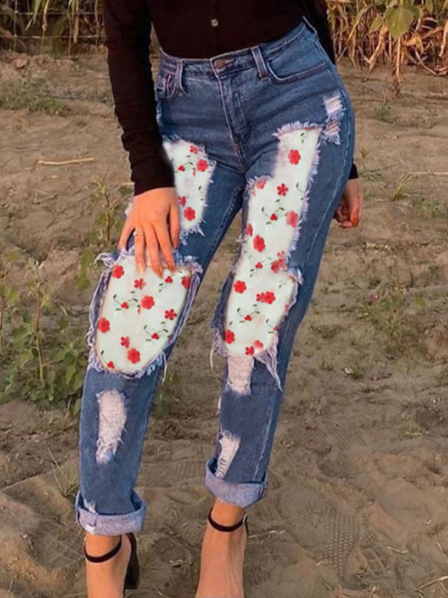 

LW BASICS Plus Size Casual Floral Print Ripped Deep Blue Jeans