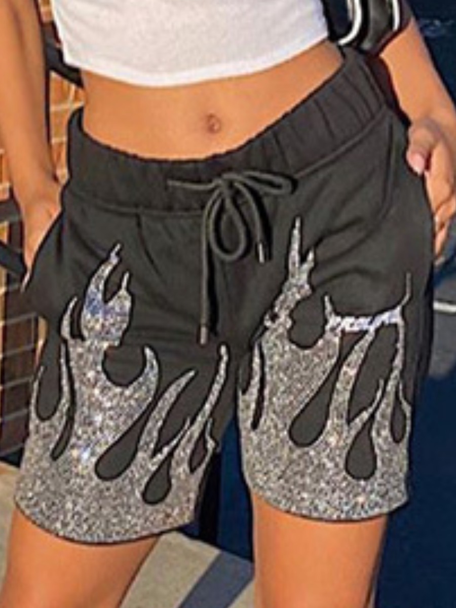 

LW Street Flame Print Drawstring Black Shorts