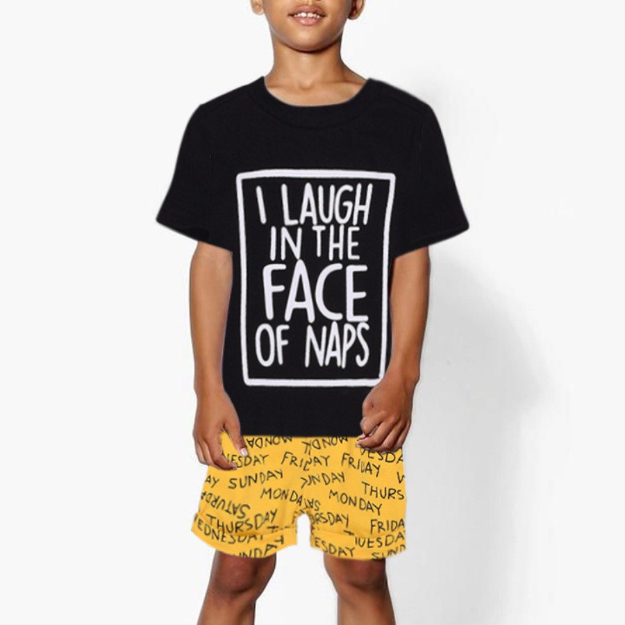 

Lovely Boy Street O Neck Letter Print Black Two Piece Shorts Set