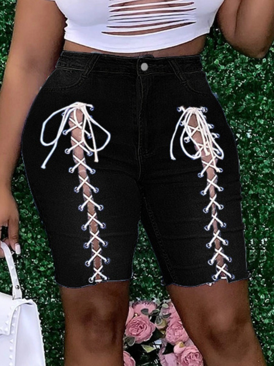 

LW BASICS Street Bandage Hollow-out Design Black Denim Shorts