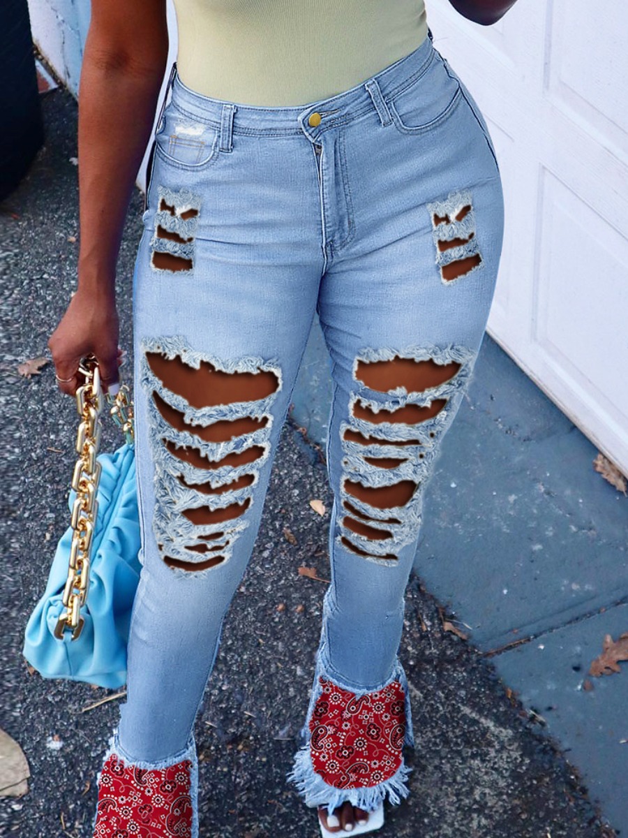 

Lovely Plus Size Street Print Ripped Flared Deep Blue Jeans