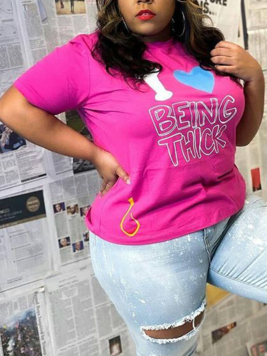 

Lovely Plus Size Casual O Neck Heart-shaped Letter Print Rose Red T-shirt