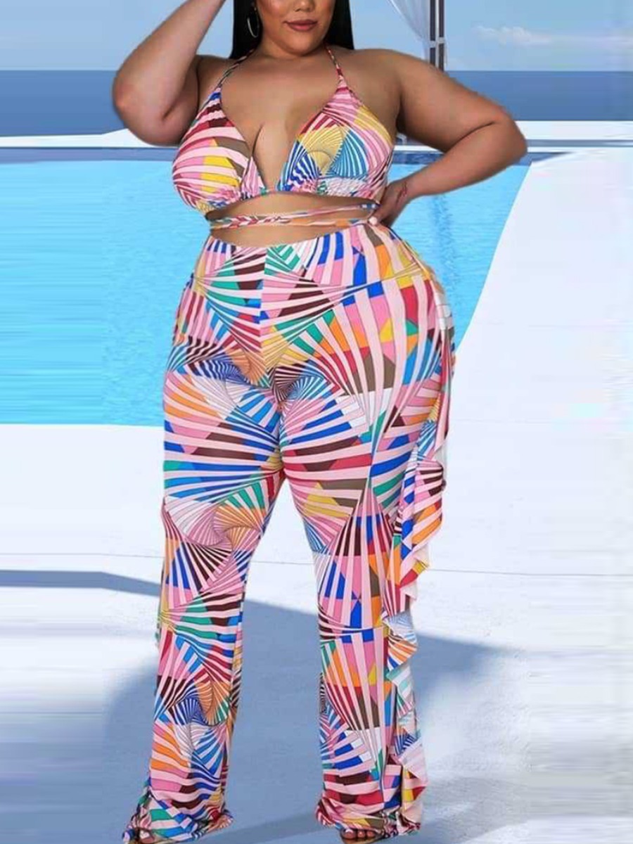 

Lovely Plus Size Boho Geometric Print Flounce Design Multicolor Two-piece Swimsuit, Multi