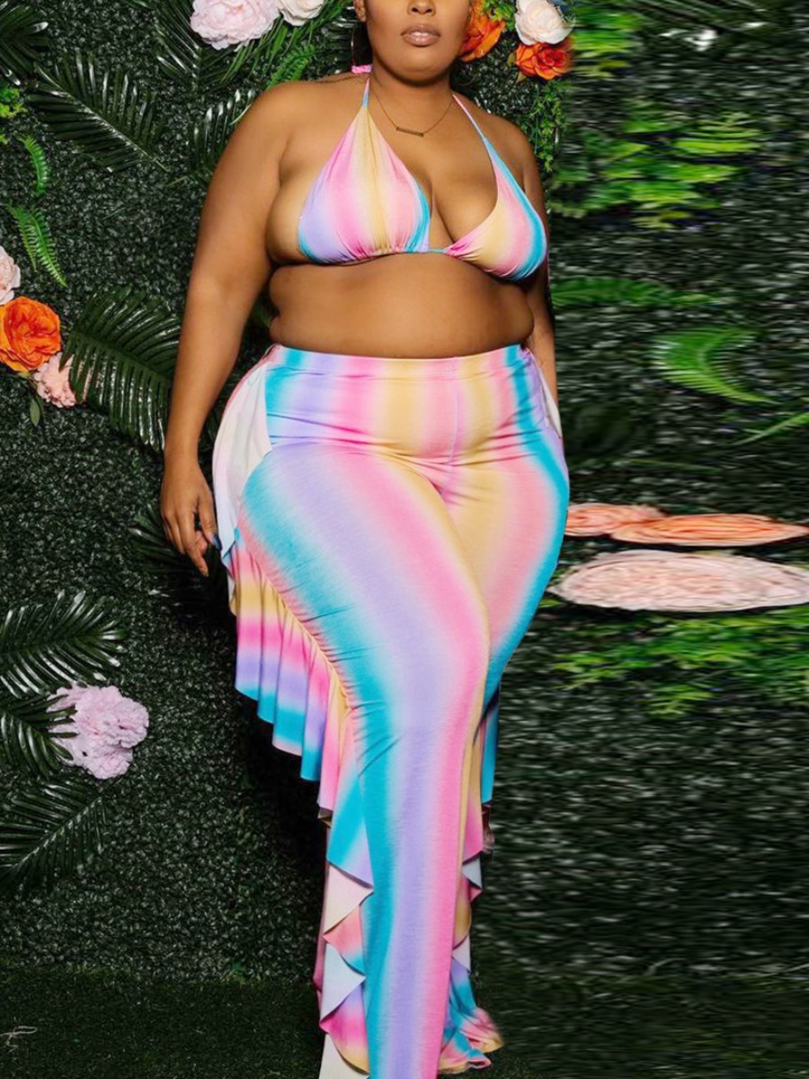 

Lovely Plus Size Boho Tie-dye Flounce Design Pink Two-piece Swimsuit