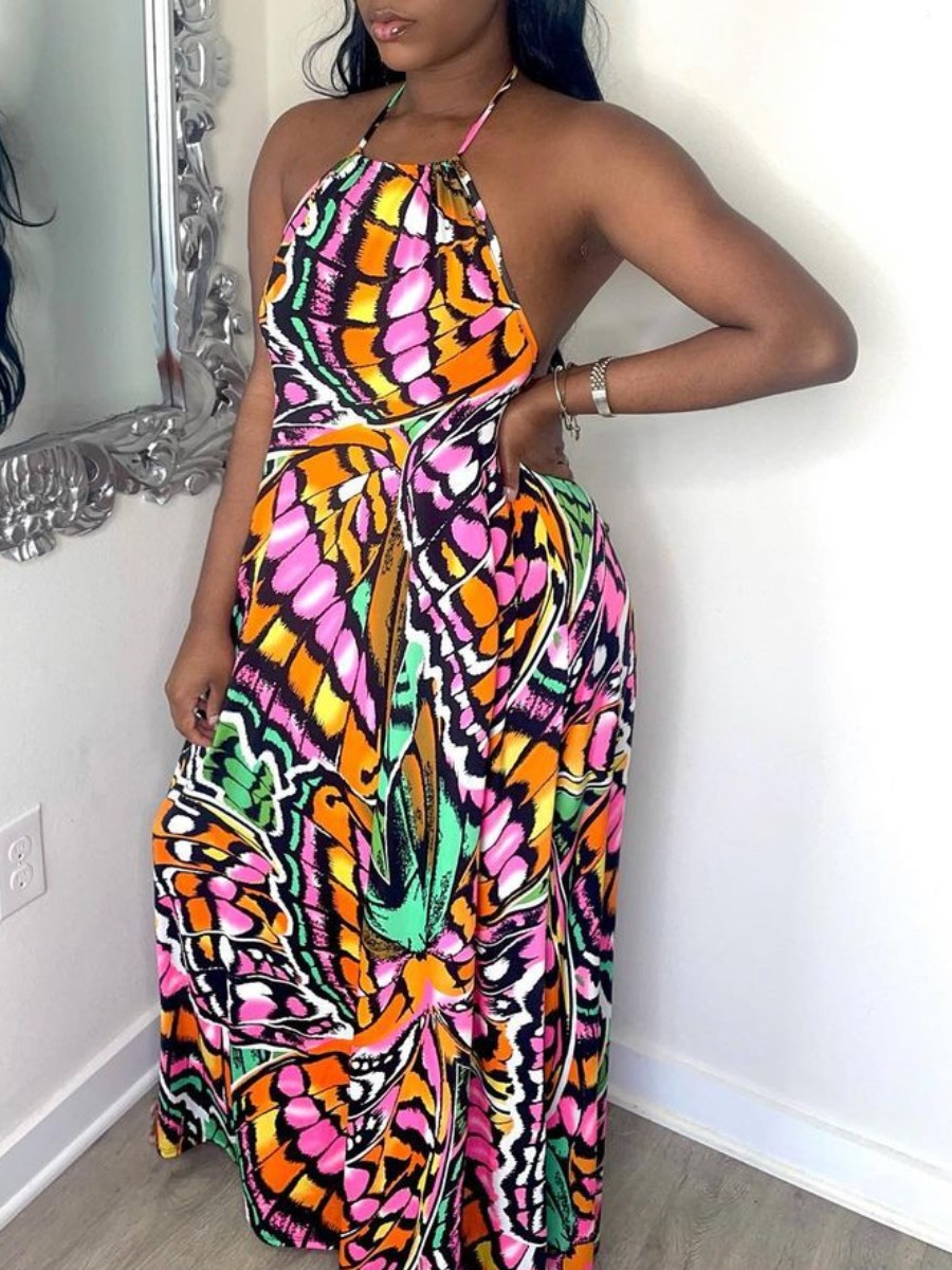 

Lovely Casual Backless Butterfly Print Multicolor Floor Length Dress, Multi