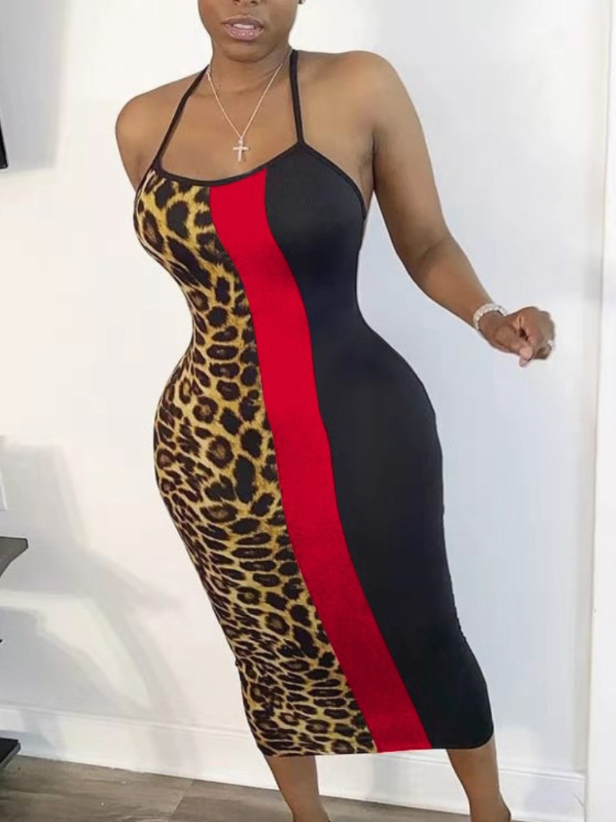 

Lovely Sexy Backless Leopard Print Red Mid Calf Dress