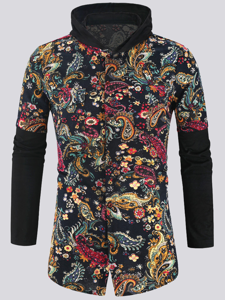 

Lovely Men Boho Hooded Collar Floral Print Multicolor Shirt, Multi