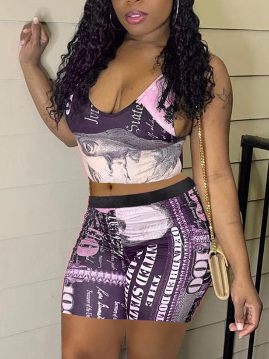 

Lovely Street Money Letter Print Purple Two Piece Shorts Set