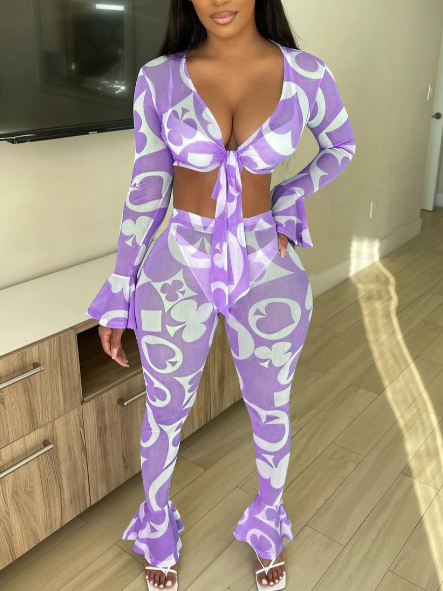 

Lovely Sexy See-through Flared Bandage Design Purple Two Piece Pants Set