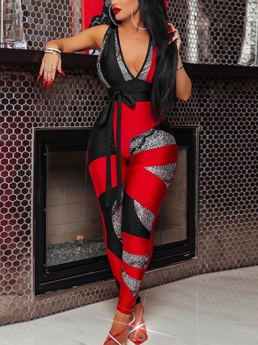 

LW V Neck Bandage Design Patchwork Jumpsuit, Red