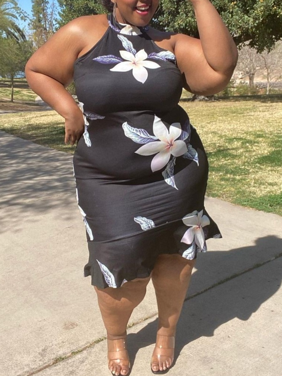 

Lovely Plus Size Casual Off The Shoulder Floral Print Black Knee Length Dress