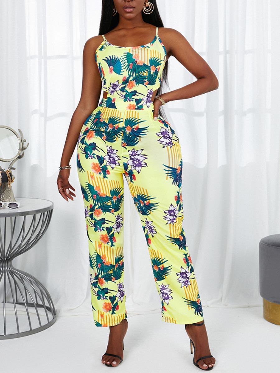 

Lovely Boho Floral Print Backless Bandage Design Yellow One-piece Jumpsuit