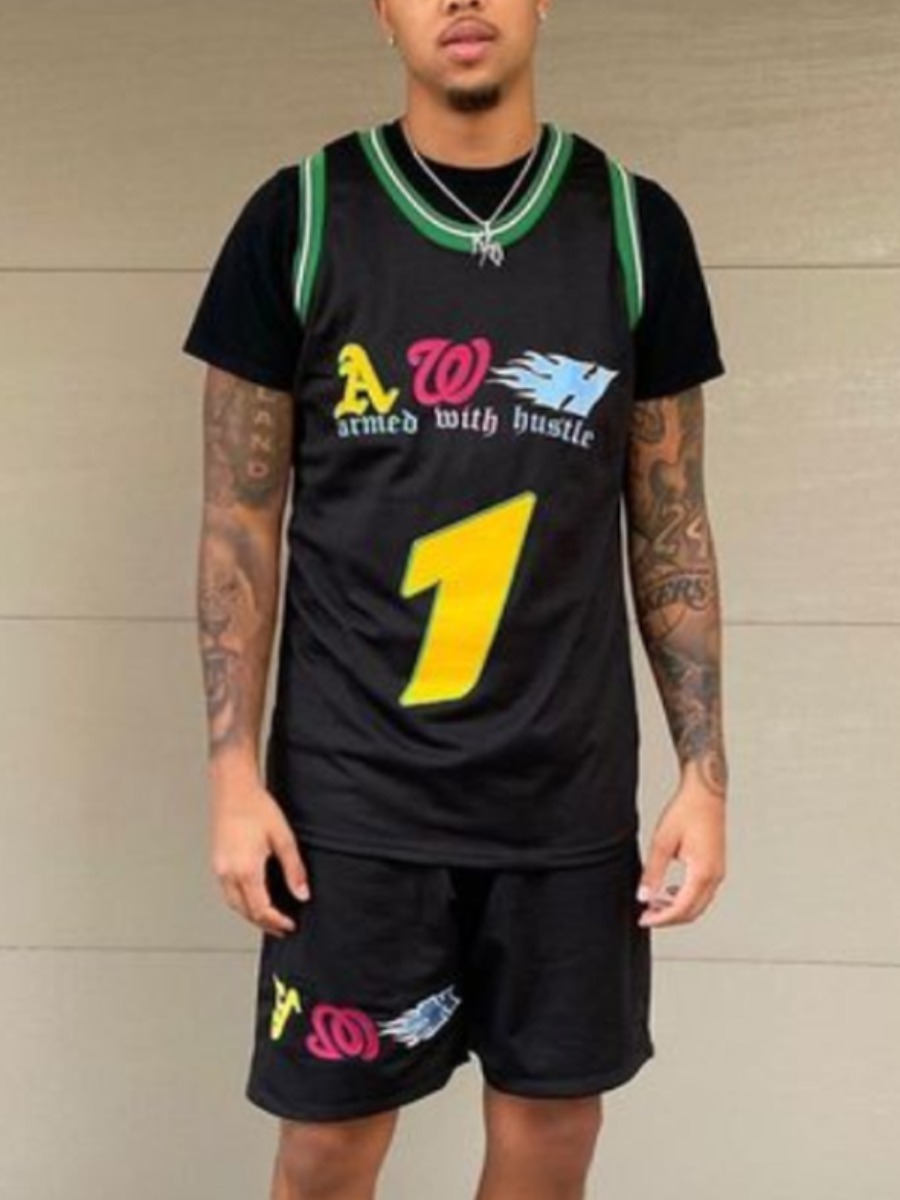 

LW Men Sporty Letter Print Striped Black Two Piece Shorts Set
