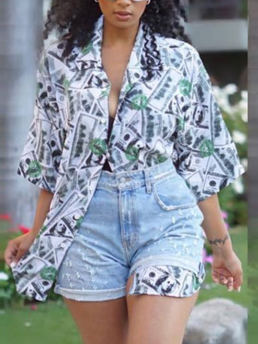 

Lovely Street Dropped Shoulder Money Print White Blouse