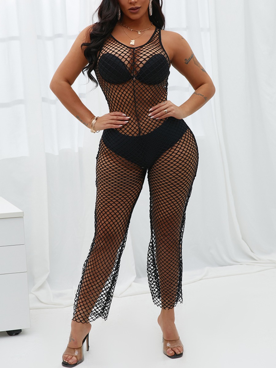 

Lovely Sexy O Neck See-through Black One-piece Jumpsuit