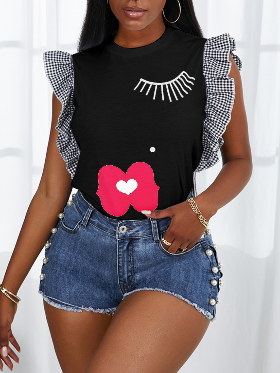 

Lovely Sweet Plaid Print Flounce Design Black T-shirt