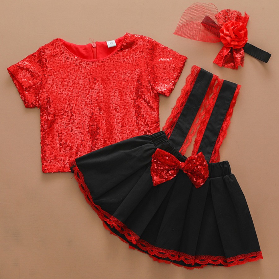 

Lovely Girl Sweet Sequined Bow-tie Pleated Red Three Piece Skirt Set