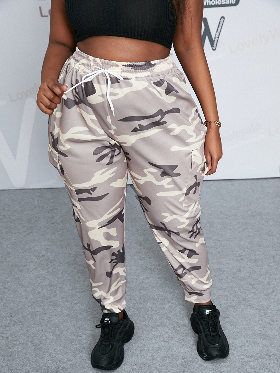 

Lovely Plus Size Street Camo Print Side Pocket Drawstring Pants