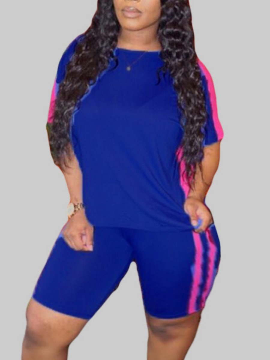 

Lovely Plus Size Sporty O Neck Striped Deep Blue Two-piece Shorts Set